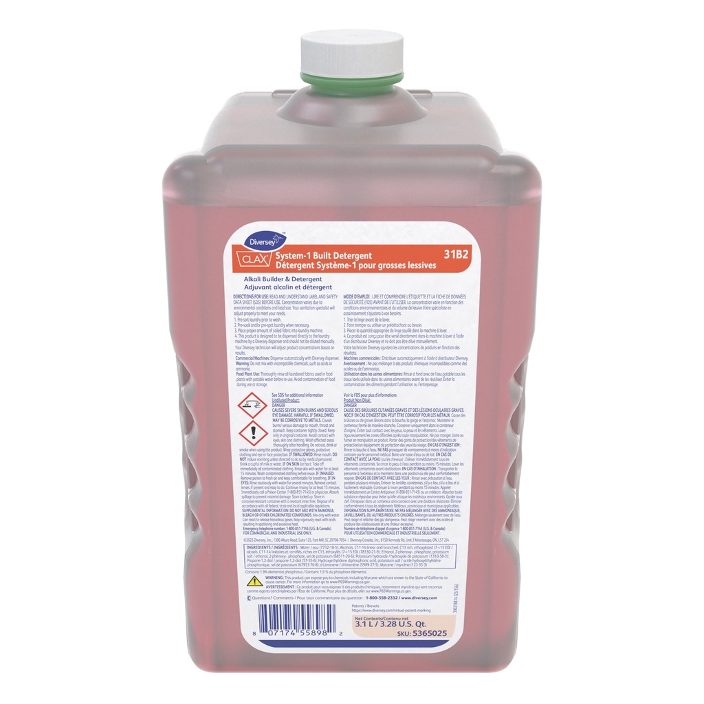 Diversey Clax System-1 Built Concentrated Laundry Detergent, 3.1 L