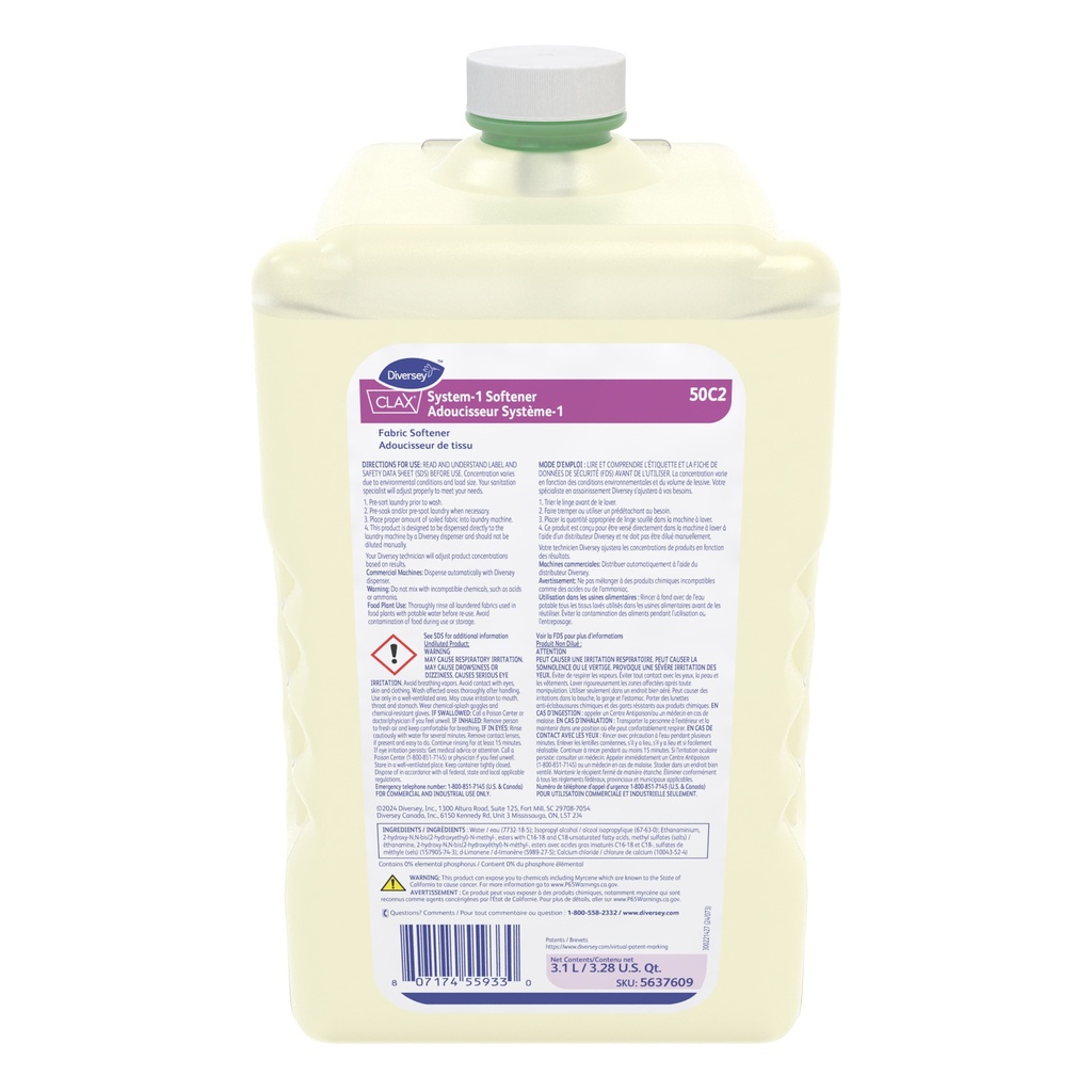 Diversey Clax System-1 Adoucissant super concentré, 3,1 L
