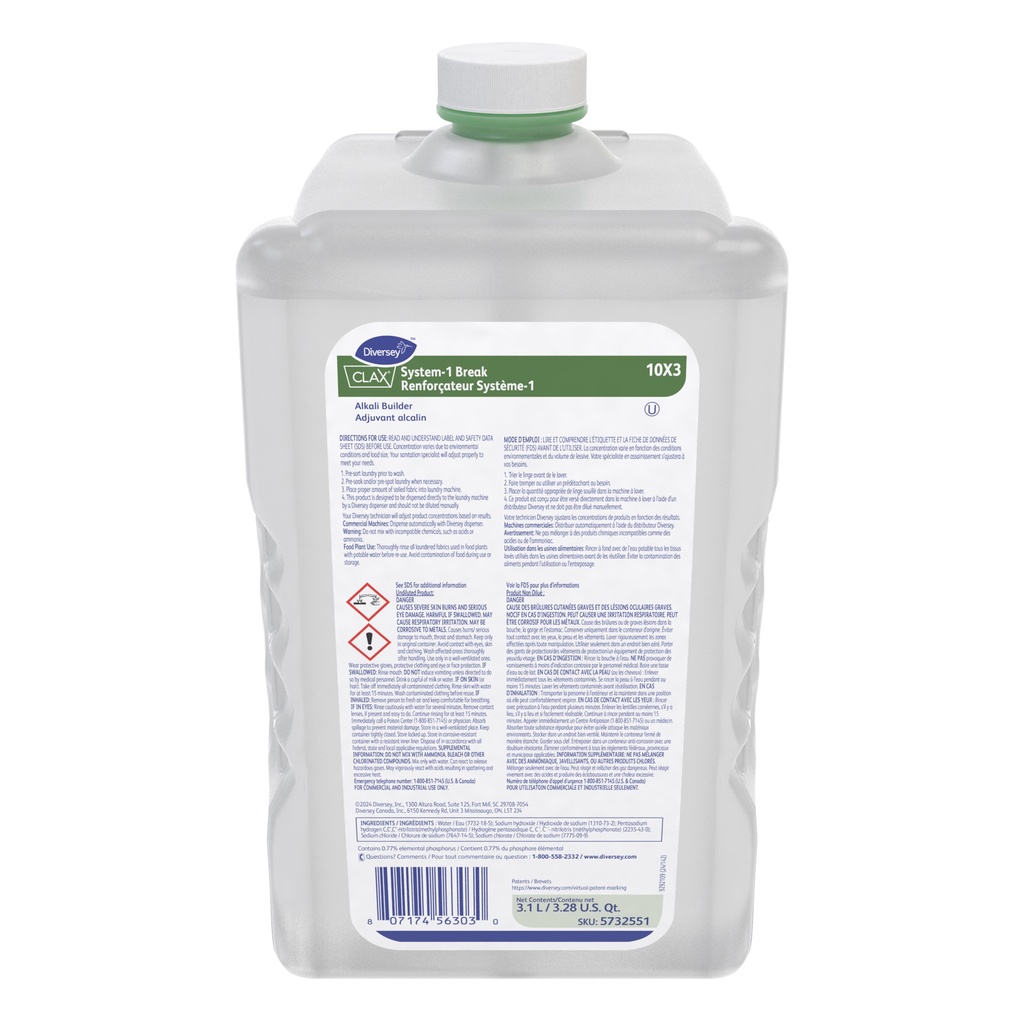 Diversey Clax System-1 Break Alkaline Laundry Booster, 3.1 L