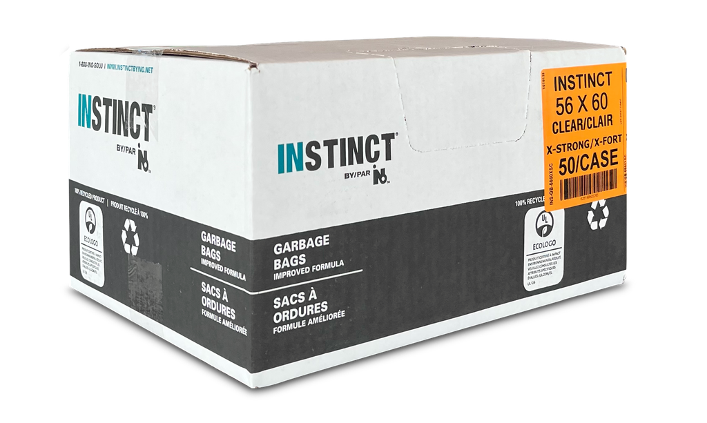Instinct Sacs à déchets, 56 x 60 po, extra-forte, transparent, caisse de 50