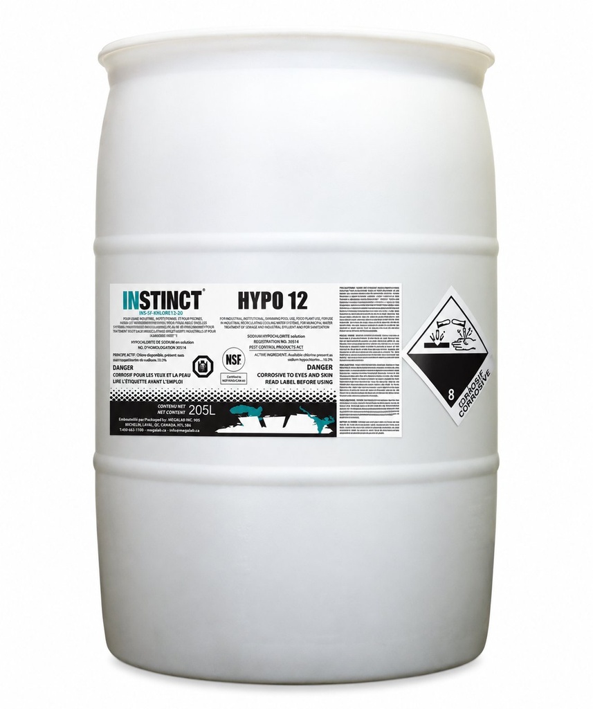 Instinct Hypo 12 Concentrated Chlorine 12%, NSF, 205 L Drum