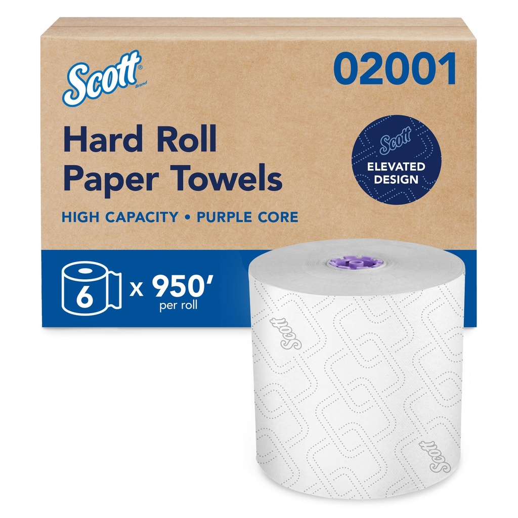 Scott High-Capacity Hard Roll Towels, White, Purple Core, 950 ft, Case of 6