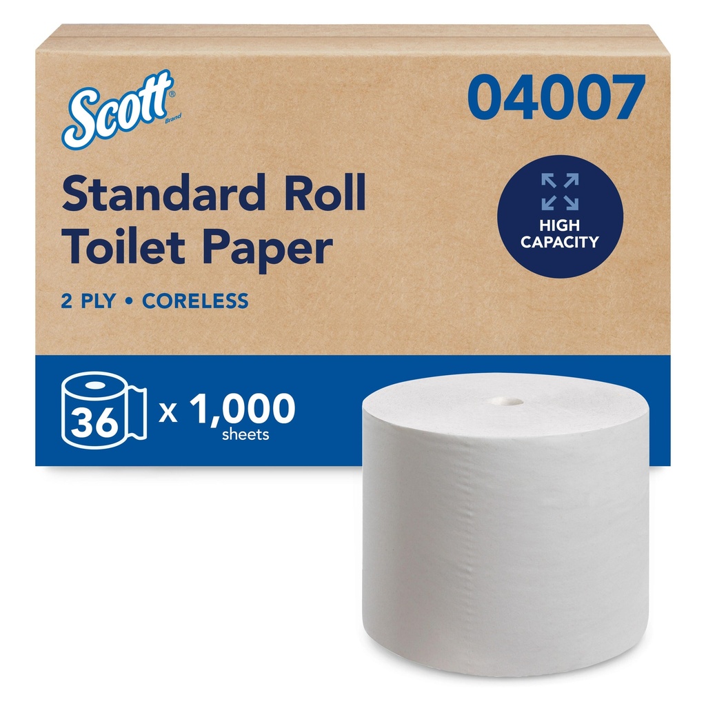 Scott Papier hygiénique sans mandrin, 2 plis, 1 000 feuilles, caisse de 36 rouleaux