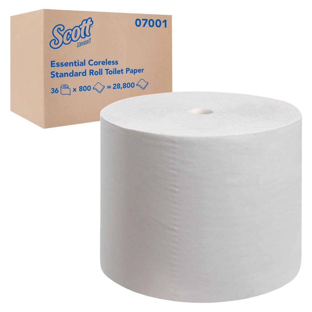 Scott Papier hygiénique sans mandrin Essential, 2 plis, 800 feuilles, caisse de 36 rouleaux