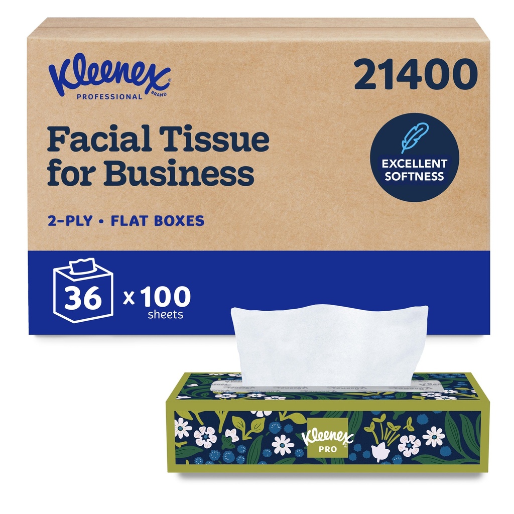Kleenex Flat Box Facial Tissue, 2-Ply, 100 Sheets, Case of 36