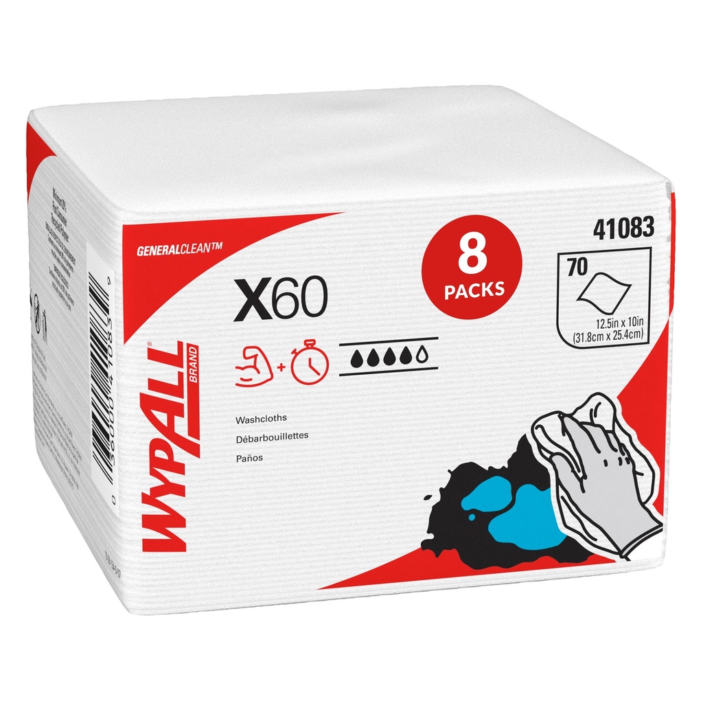 WypAll X60 Hygienic Wipers, White, Quarter-Fold, Reinforced, 10 x 12.5 in, 70 Sheets