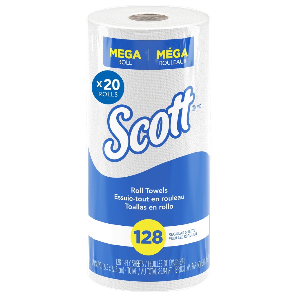 Scott Essuie-mains en rouleau pour la cuisine, 1 pli, blanc, 128 pi, caisse de 20 rouleaux