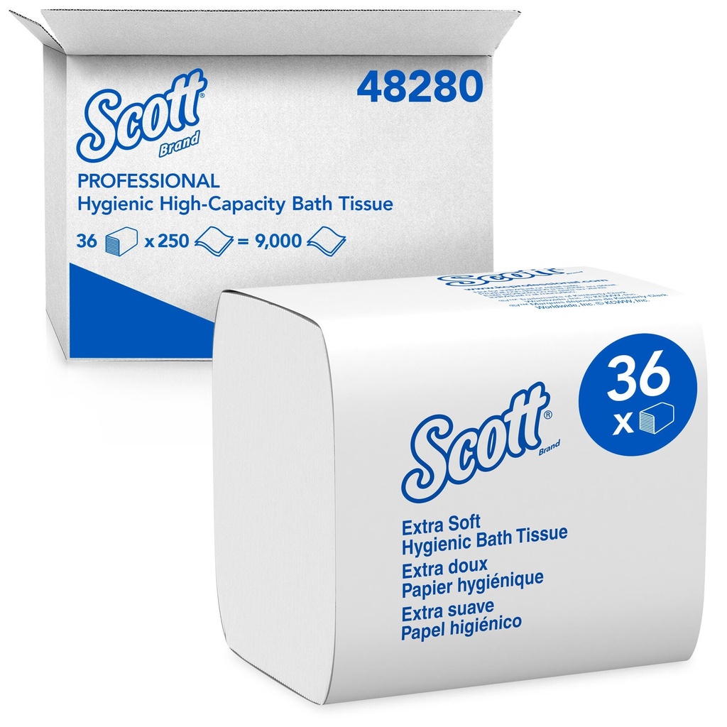 Scott Hygienic Folded Bathroom Tissue, 2-Ply, 250 Sheets per Pack, Case of 36