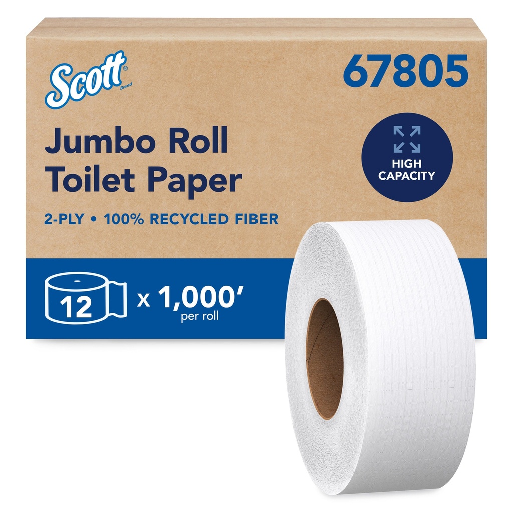 Scott Essential Papier hygiénique jumbo 100 % recyclé, 2 plis, blanc, 1000 pi, caisse de 12