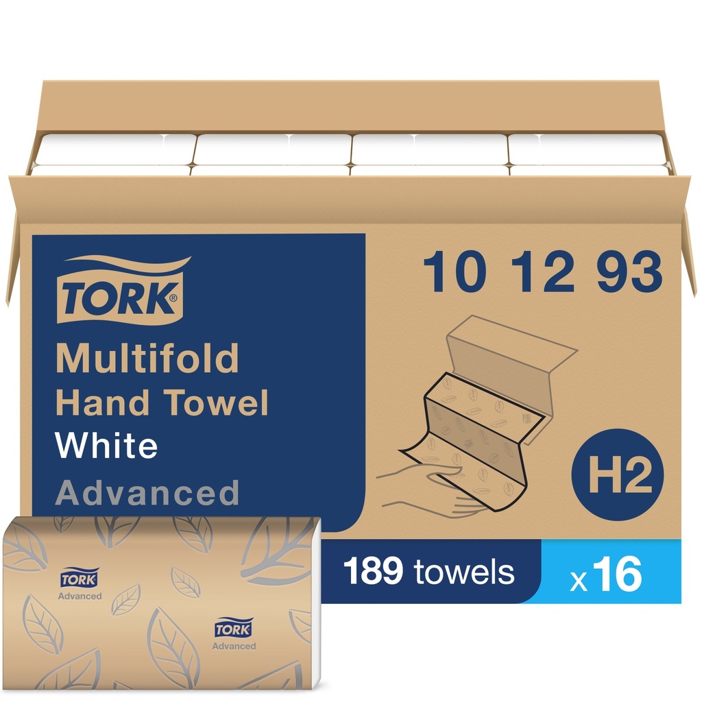 Tork Essuie-mains Advanced H2 multiplis, 3 panneaux, 2 plis, blancs, caisse de 16 paquets de 189 feuilles