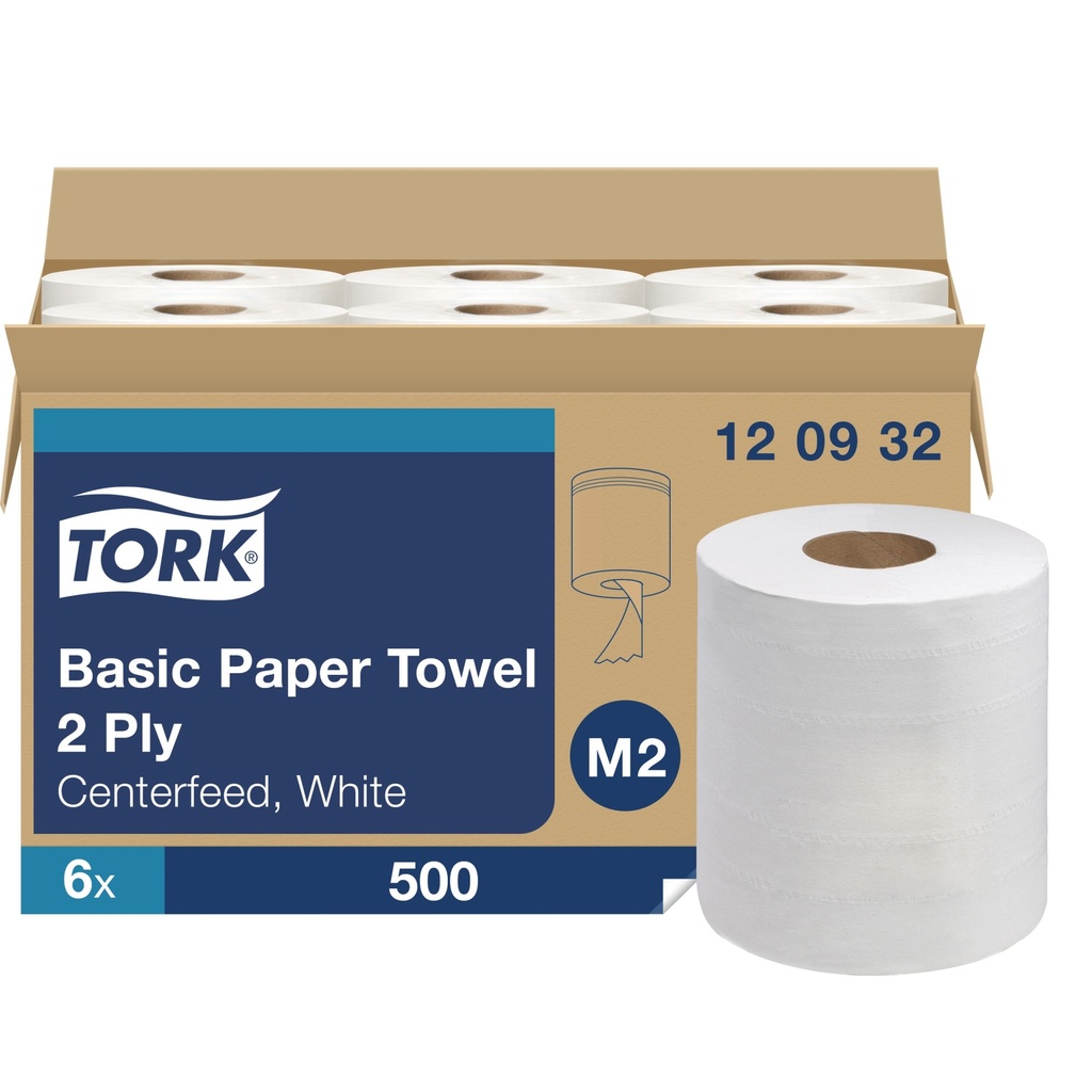 Tork Advanced M2 Centerfeed Hand Towel, 2-Ply, White, Case of 6 Rolls x 500 Sheets