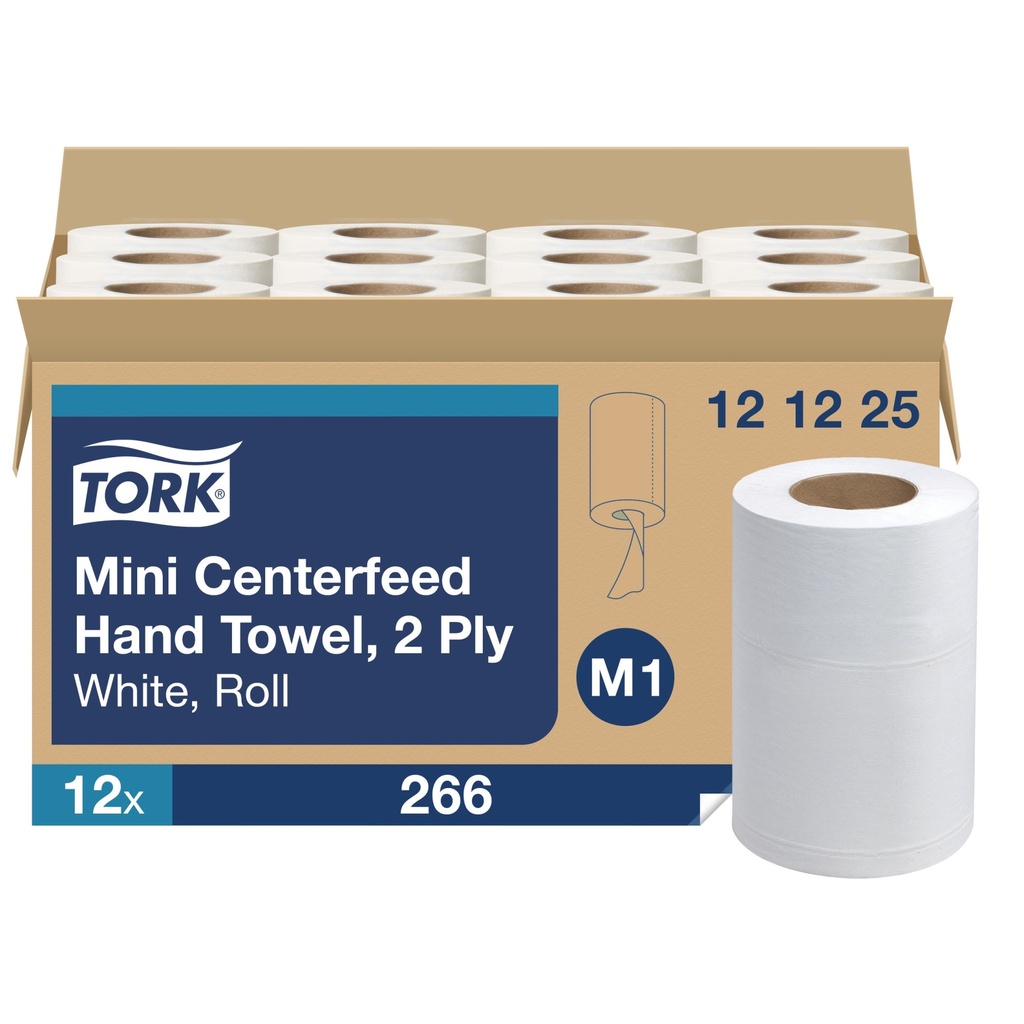 Tork Advanced M1 Mini Centerfeed Hand Towel, 2-Ply, White, Case of 12 Rolls x 266 Sheets