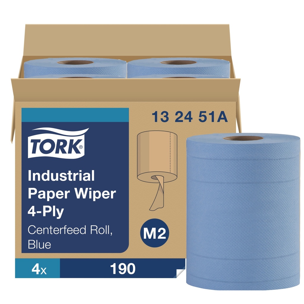 Tork Chiffon industriel en papier à dévidage central M2, 4 plis, bleu, caisse de 4 rouleaux de 190 feuilles