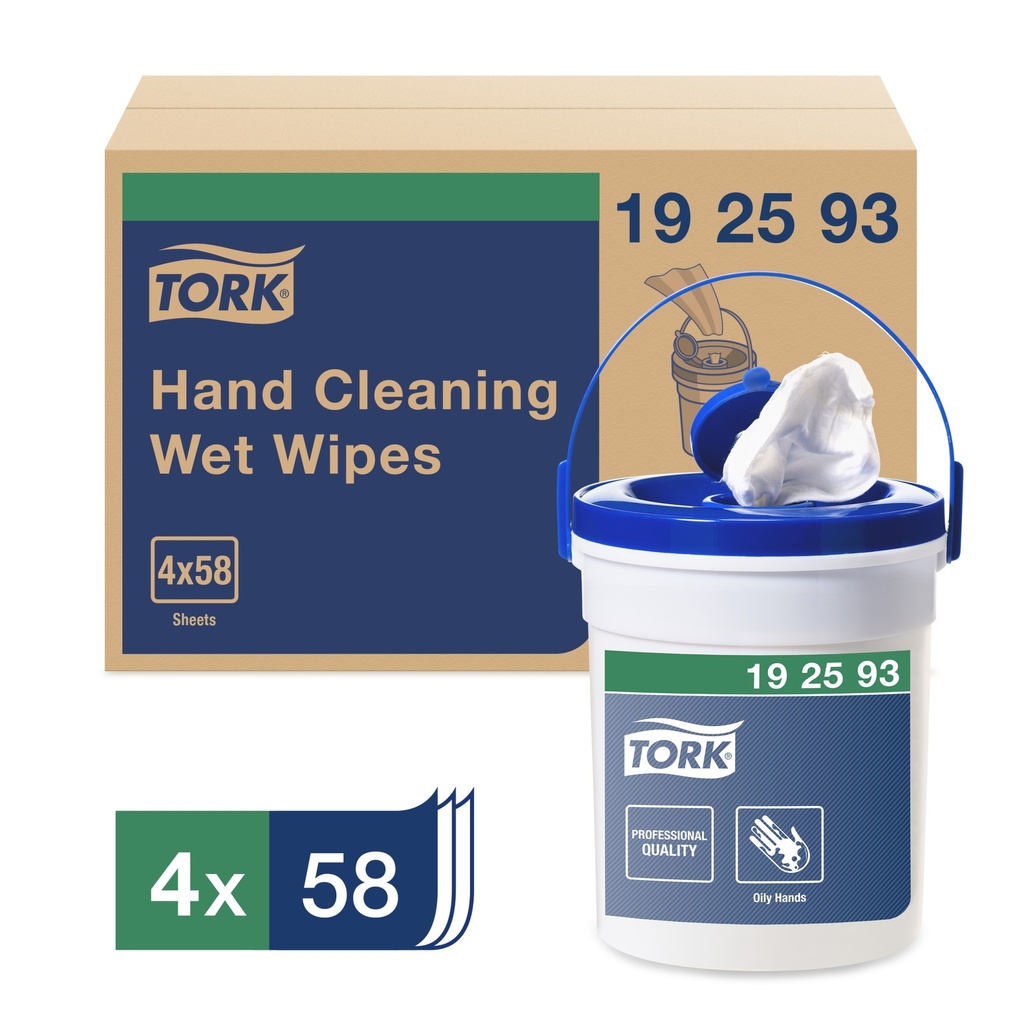 Tork Lingettes humides nettoyantes pour les mains, 1 pli, blanc, seau de 58 lingettes, caisse de 4 seaux