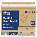 Tork Advanced Multifold Hand Towel, 1-Ply, White, Case of 16 Packs x 250 Sheets