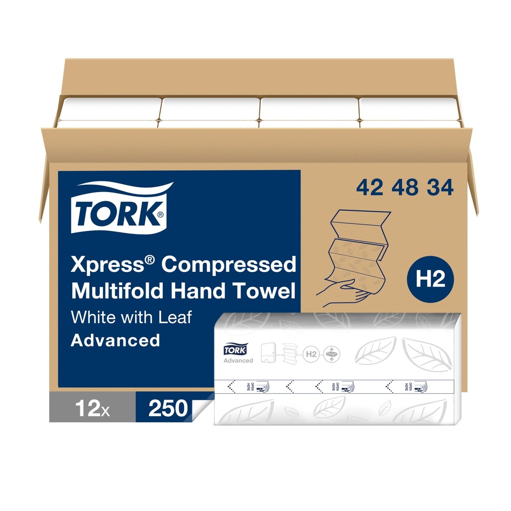 Tork Essuie-mains à plis multiples compressés Xpress, 1 pli, blanc, caisse de 12 paquets de 250 feuilles