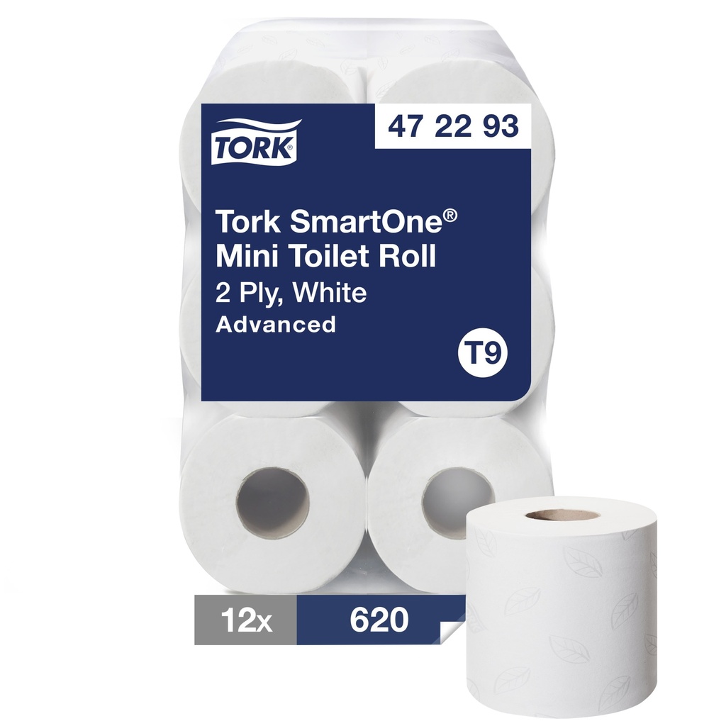 Tork Papier hygiénique Smart One mini T9, 2 plis, blanc, caisse de 12 rouleaux de 620 feuilles