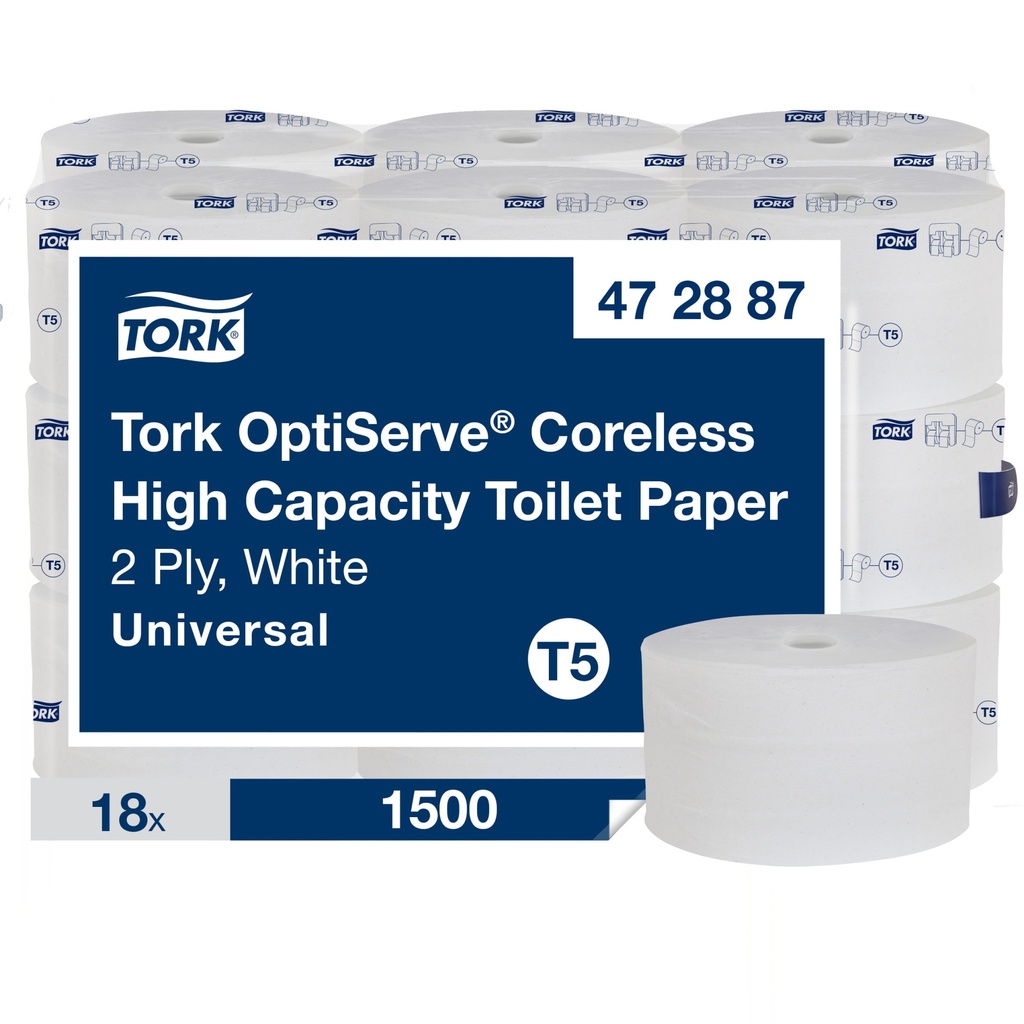 Tork Papier hygiénique grande capacité sans mandrin OptiServe, 2 plis, 500 pi, 1 500 feuilles, blanc, caisse de 18