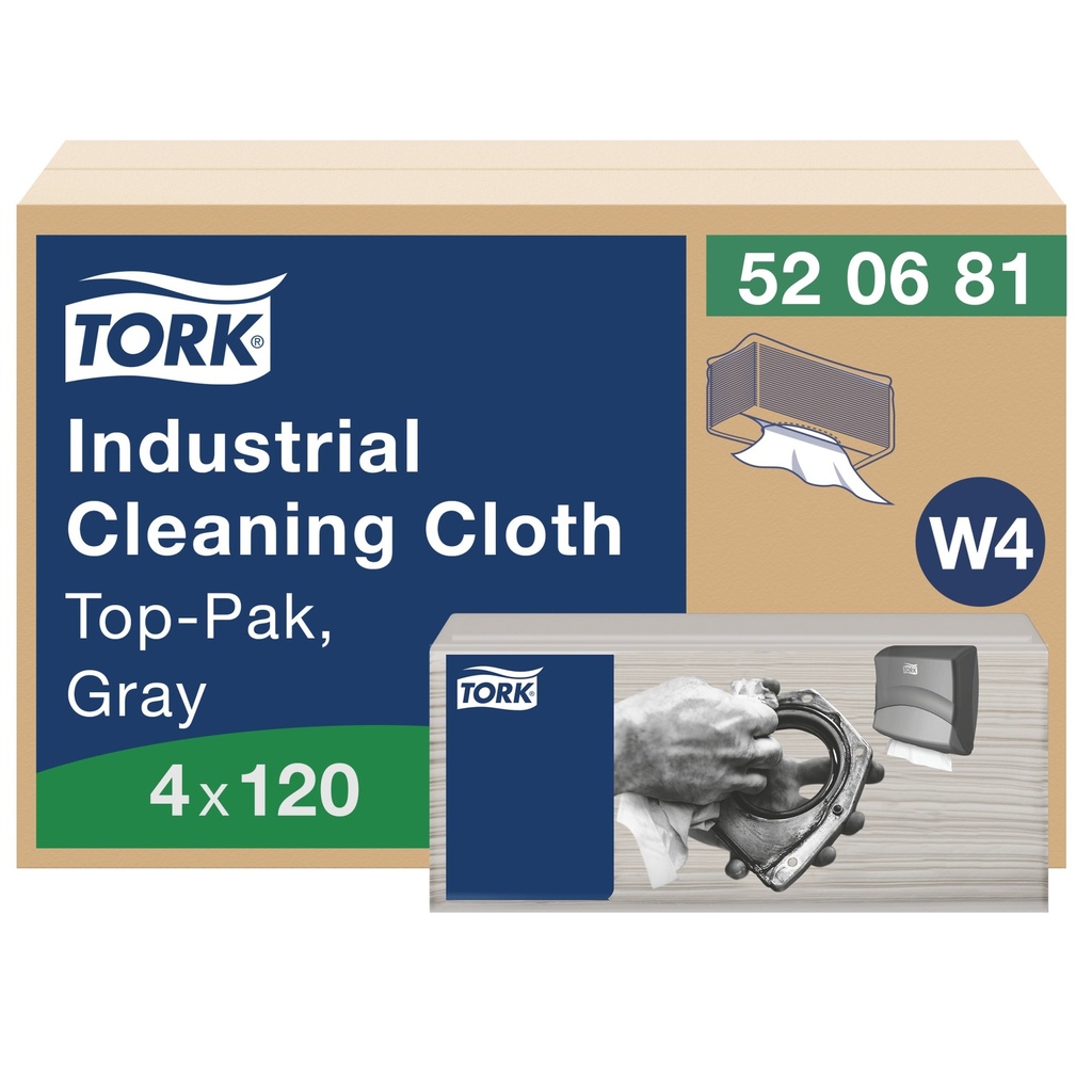 Tork Chiffon de nettoyage industriel W4 Top-Pak, gris, 16,9 x 14 po, caisse de 4 paquets de 120 feuilles