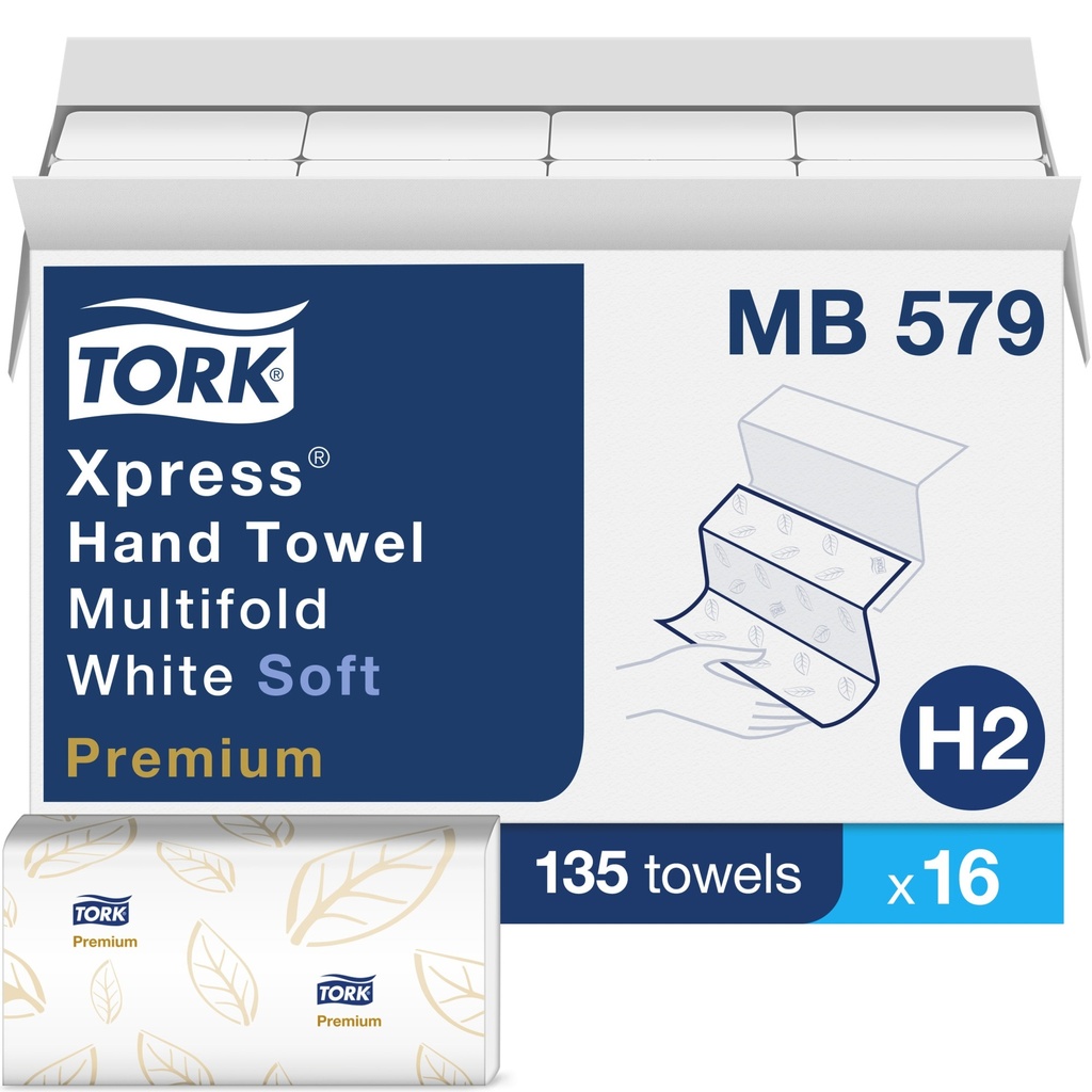 Tork Essuie-mains à plis multiples doux Xpress H2 Premium, 2 plis, blanc, caisse de 16 paquets de 135 feuilles