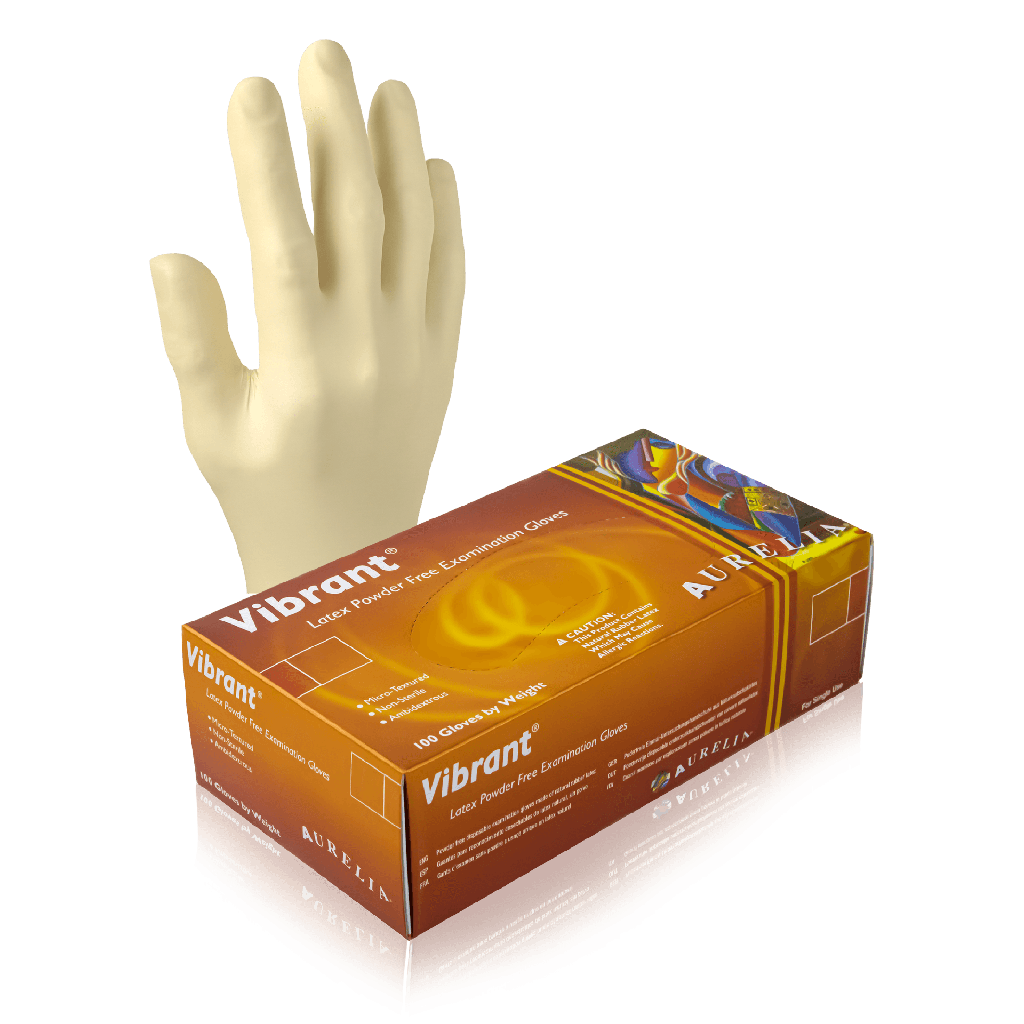 Aurelia Vibrant Medical Latex Gloves, 4.5 mil, Powder-Free, White, Large, Box of 100