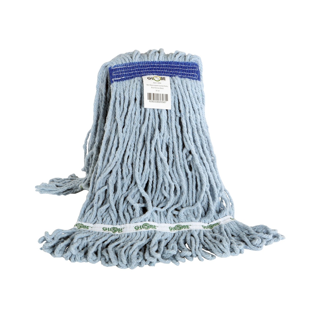Globe Commercial Syn-Pro vadrouille humide synthétique, brins bouclés, bande étroite, bleu, 16 oz