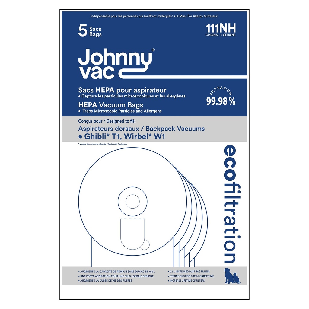 Johnny Vac Sacs d'aspirateur microfiltre HEPA pour Ghibli T1, ronds, paquet de 5
