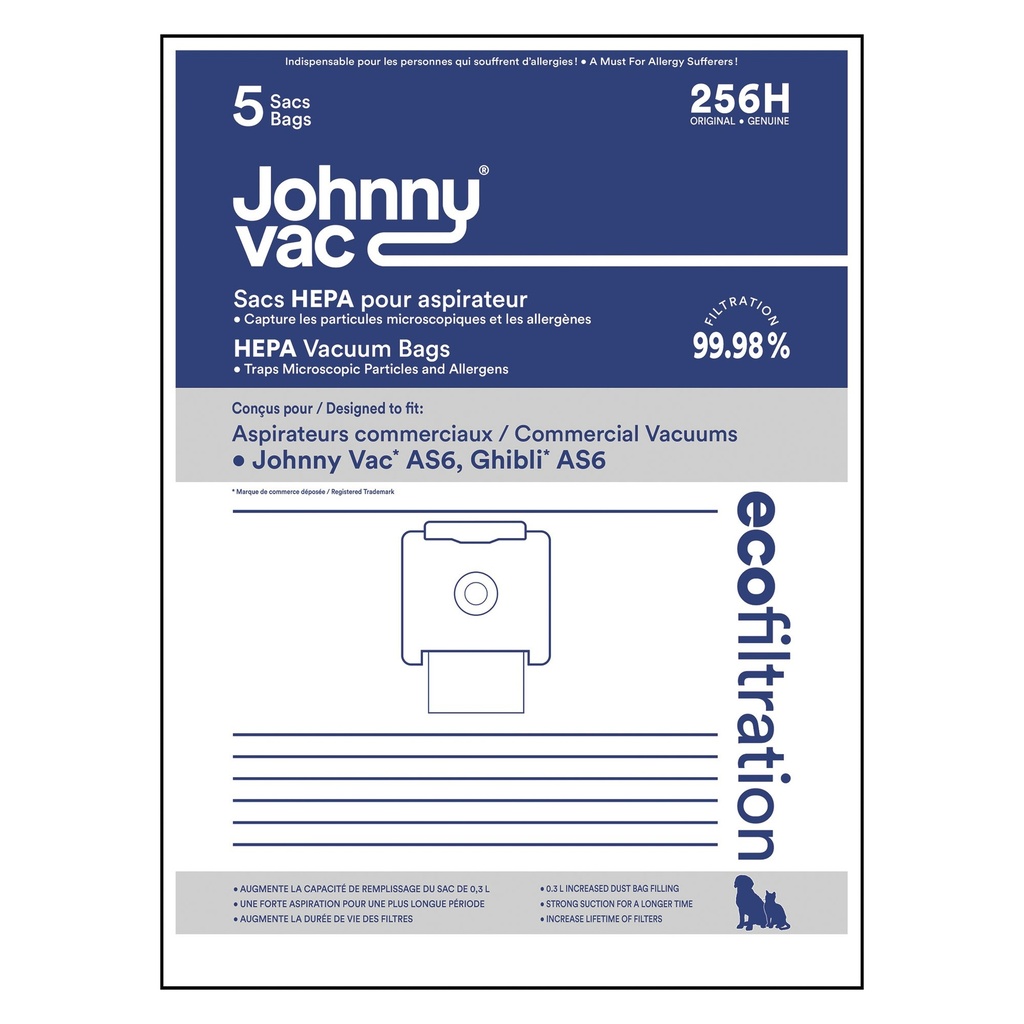 Johnny Vac Sacs d'aspirateur microfiltre HEPA pour AS6, paquet de 5