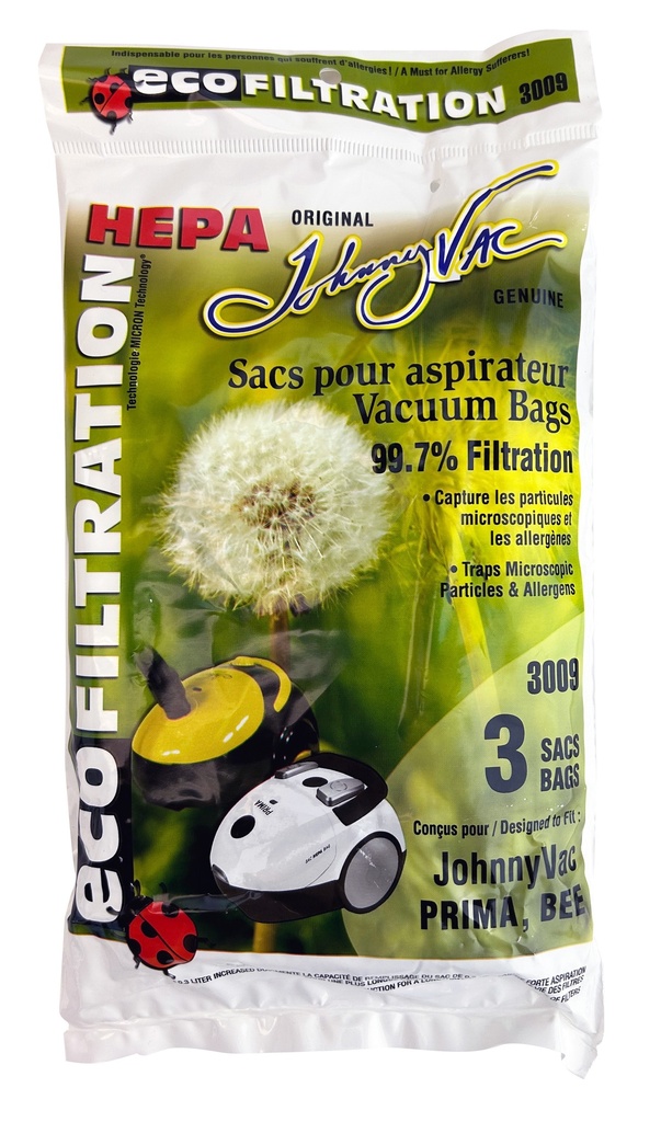 Johnny Vac Sacs d'aspirateur microfiltre HEPA pour aspirateurs traîneaux Prima, paquet de 3