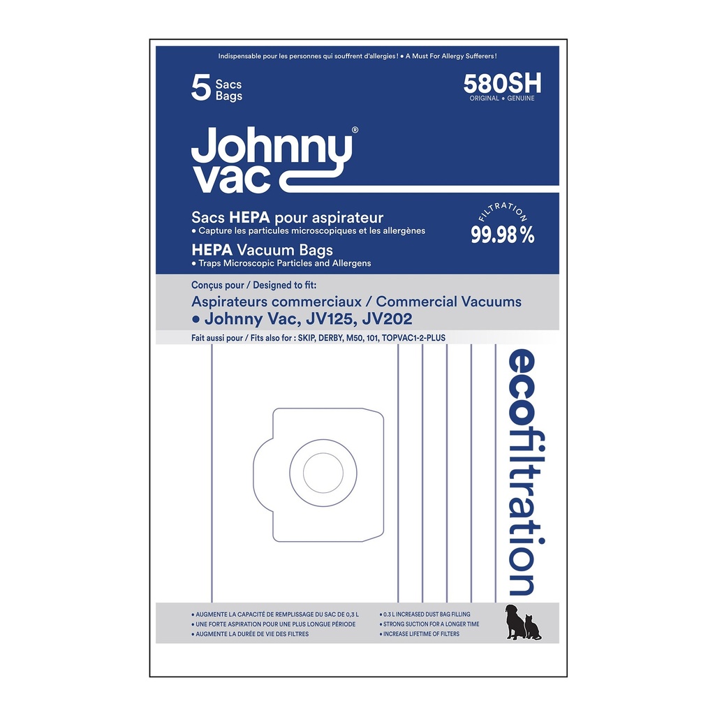 Johnny Vac Sacs d'aspirateur microfiltre HEPA pour JV125 et JV202, paquet de 5
