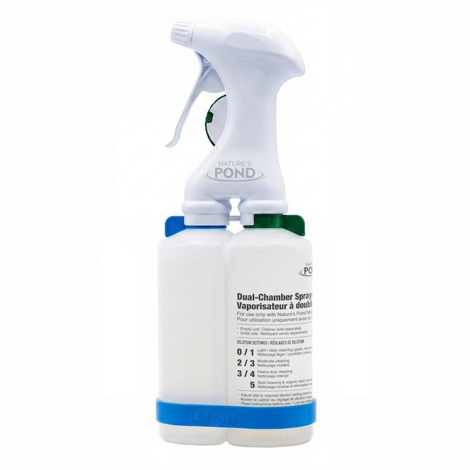 Nature's Pond Flacon pulvérisateur à double chambre, 6 réglages, avec bande élastique