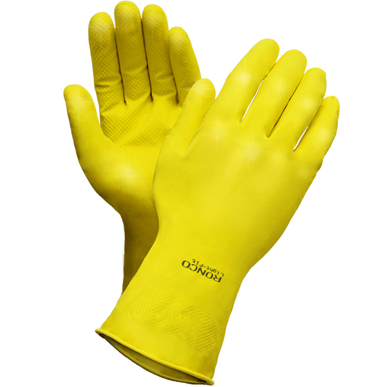 Ronco Light-Fit Flock-Lined Latex Gloves, 16 mil, Yellow, 12 in, Medium, 1 Pair