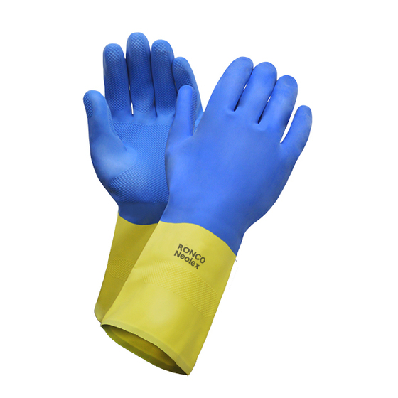 Ronco NeoLex Reusable Neoprene and Latex Gloves, Yellow and Blue, Large, 1 Pair