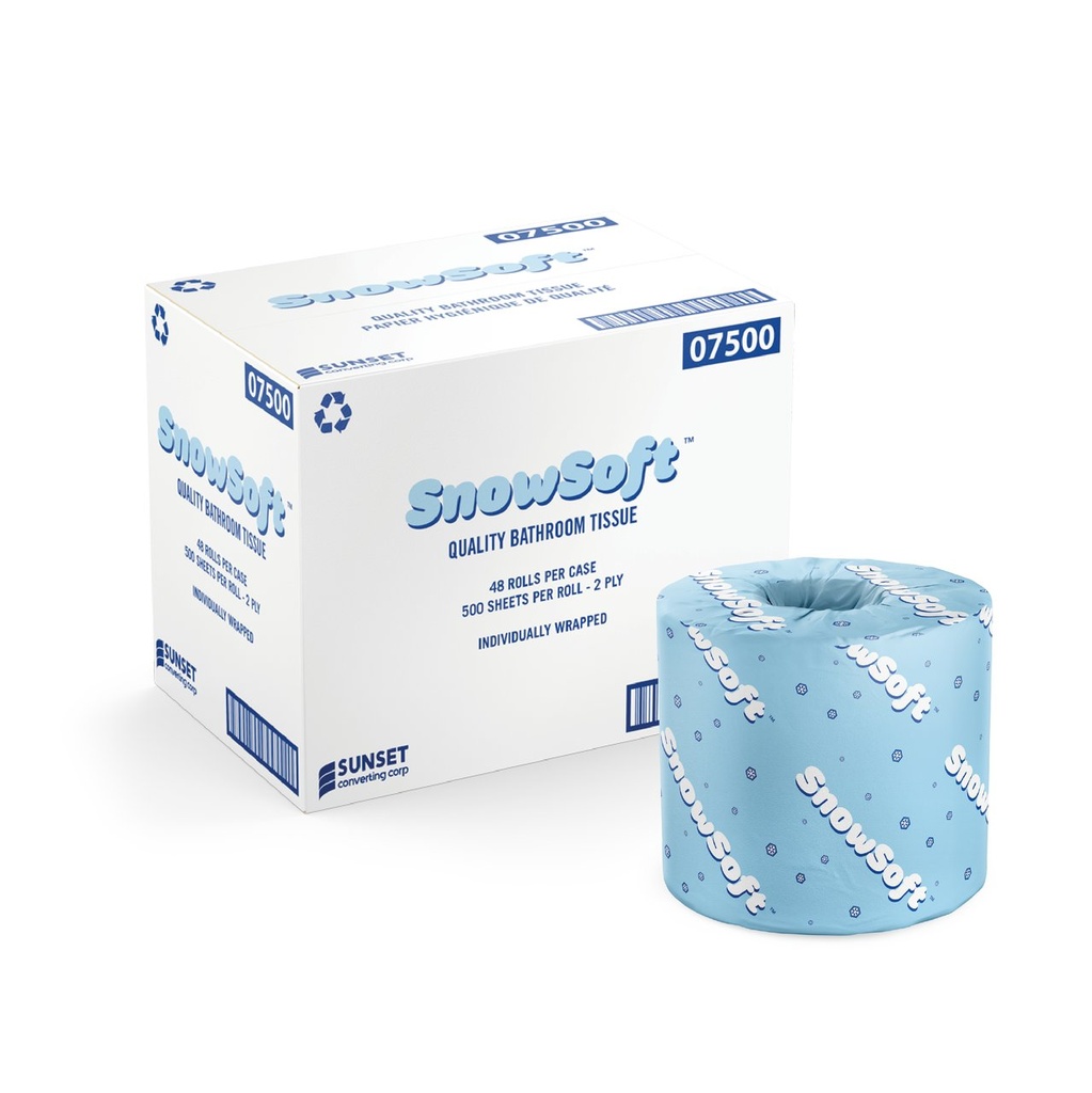 Snow Soft Papier hygiénique Premium 2 plis, 500 feuilles par rouleau, caisse de 48