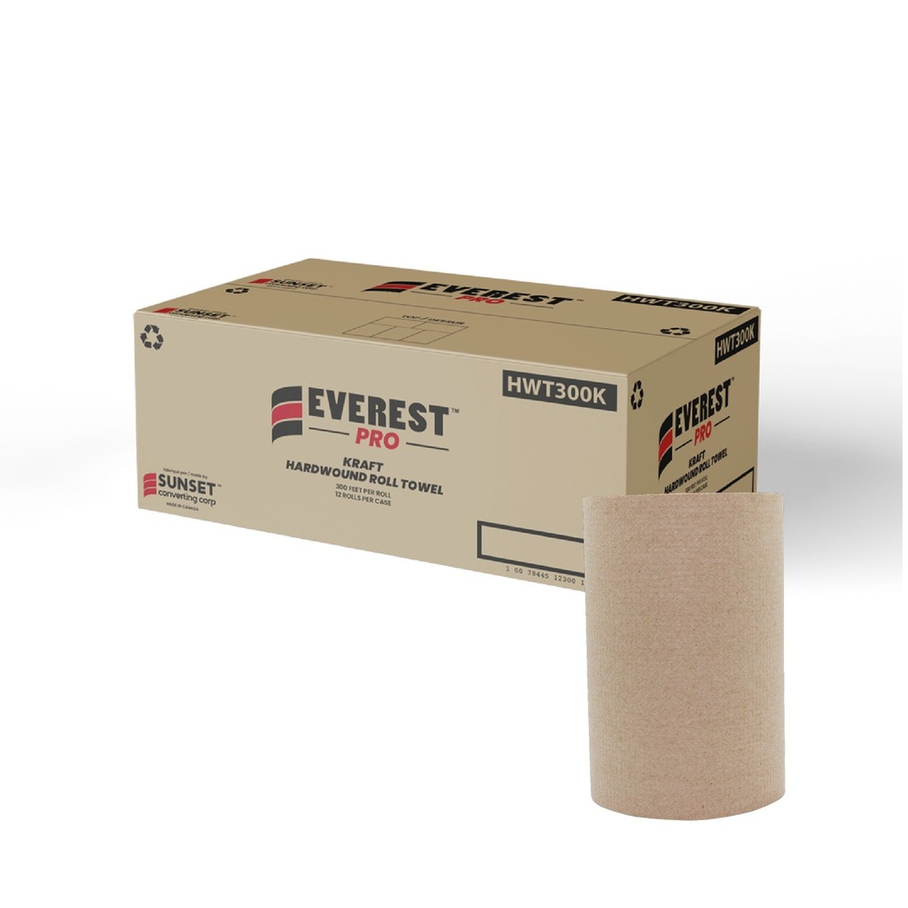 Everest Pro Recycled Hardwound Paper Towel Rolls, 1-Ply, Brown, 300 ft, Case of 12