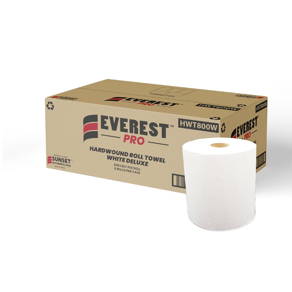 Everest Pro Deluxe Hardwound Paper Towel Rolls, 1-Ply, White, 800 ft, Case of 6
