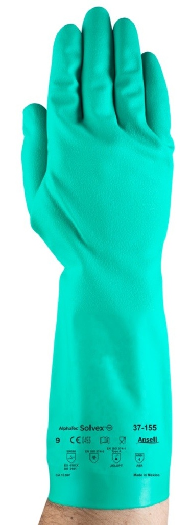 Ansell Sol-Vex 37-155 Chemical-Resistant Nitrile Gloves, 15 mil, Embossed, Green, Size 10