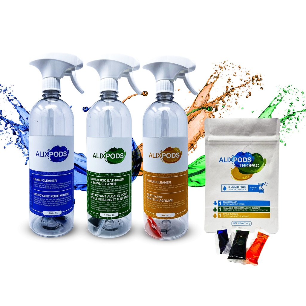 Paquet Kit de Démarrage TRIOPAC Nettoyant  Vitres+ Nettoyant Agrume + Nettoyant Alcalin Salle de Bains AlixPods