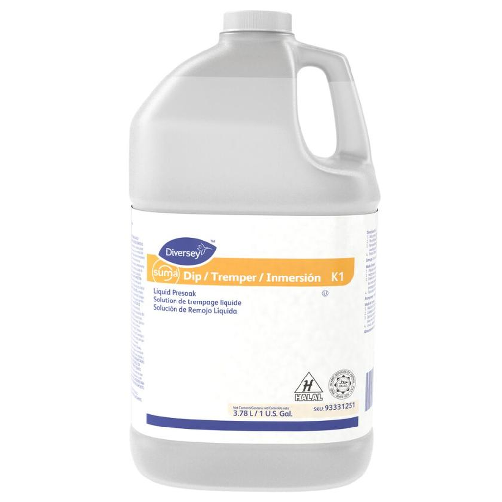Suma® Dip K-1 Alkaline Chlorinated Presoak & Destainer Concentrate – 3.78 L