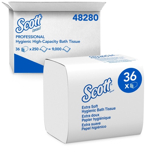 Scott Hygienic Folded Bathroom Tissue, 2-Ply, 250 Sheets per Pack, Case of 36
