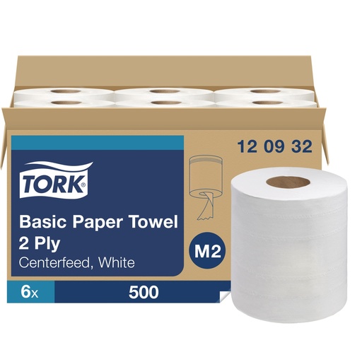 Tork Advanced M2 Centerfeed Hand Towel, 2-Ply, White, Case of 6 Rolls x 500 Sheets