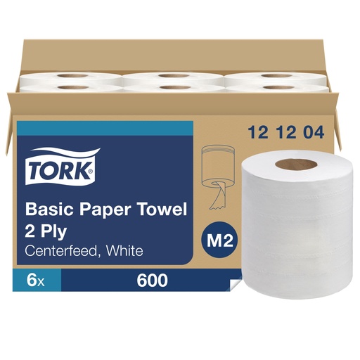 Tork Advanced M2 Centerfeed Hand Towel, 2-Ply, 8.5 in, White, Case of 6 Rolls x 600 Sheets