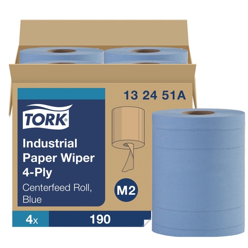 Tork Industrial M2 Centerfeed Paper Wiper, 4-Ply, Blue, Case of 4 Rolls x 190 Sheets