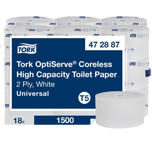 Tork Papier hygiénique grande capacité sans mandrin OptiServe, 2 plis, 500 pi, 1 500 feuilles, blanc, caisse de 18