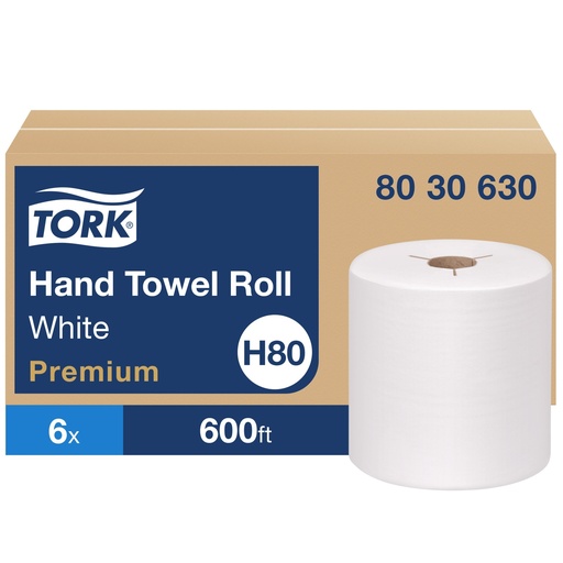 Tork Rouleau d'essuie-mains à encoches H80 Premium, 1 pli, blanc, 8 po x 600 pi, caisse de 6