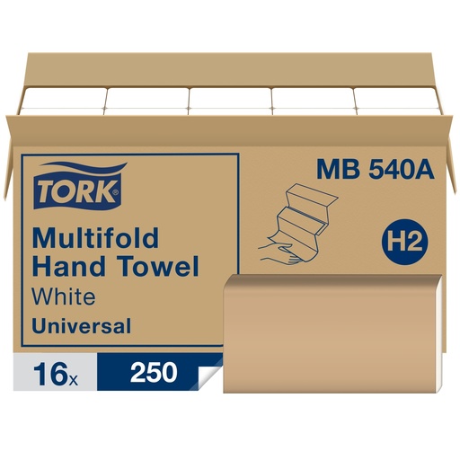 Tork Essuie-mains à plis multiples Mainstreet, 9,1 x 9,5 po, blanc, caisse de 16 paquets de 250 feuilles