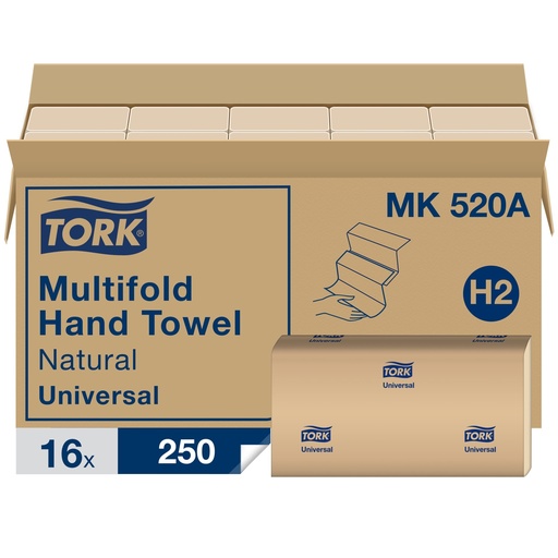 Tork Essuie-mains à plis multiples gaufrés H23, naturel, caisse de 16 paquets de 250 feuilles